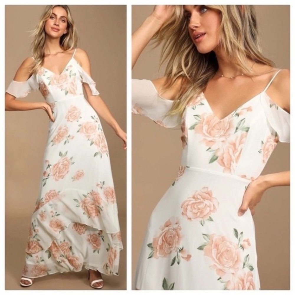 Lulus Take You There Ivory Floral Print Maxi Dress L